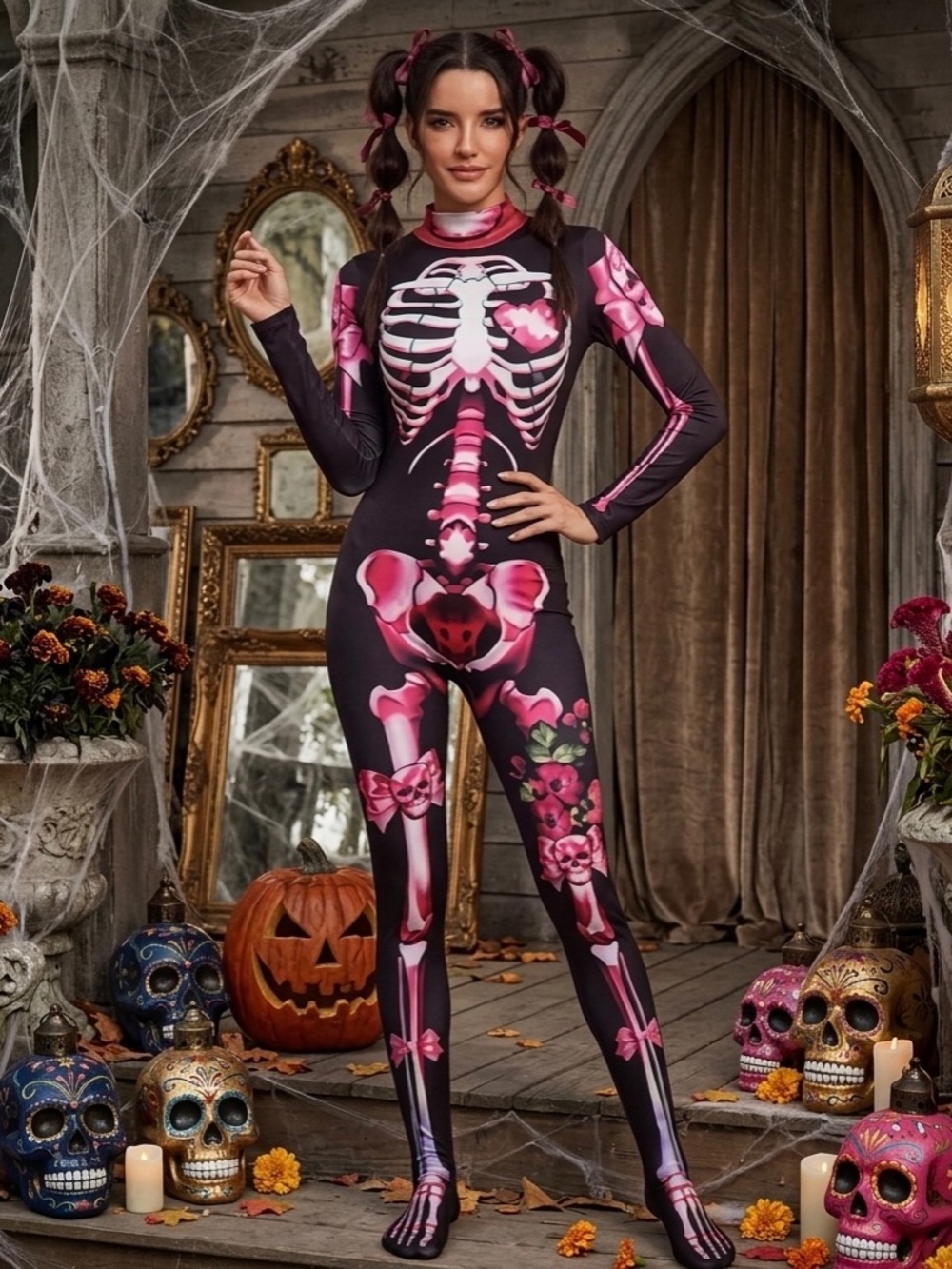 Pink Day of the Dead Skeleton Halloween Costume Jumpsuit S / M